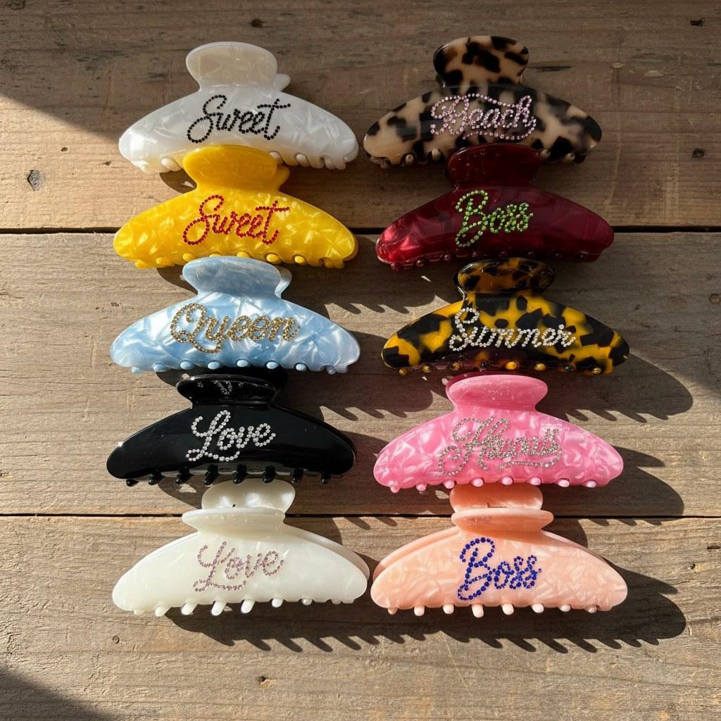 Pinces à cheveux en acétate avec strass colorés, Logo personnalisé, pour femmes et filles